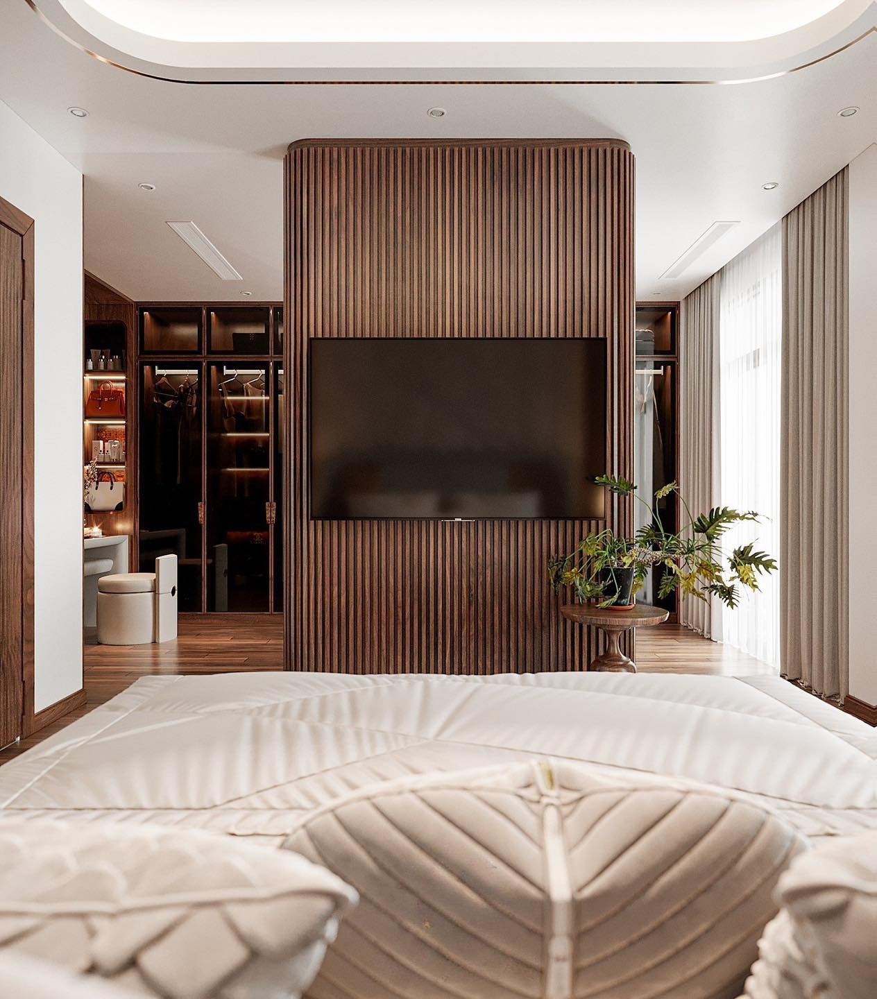 Vách ngăn tivi gỗ sồi Mỹ lam dọc kịch trần